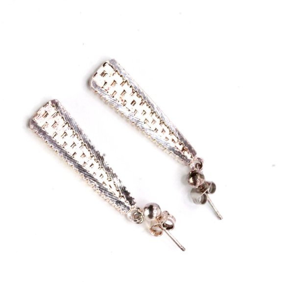 Sterling Silver Weave Woven Triangular Long Dangly Earrings - Picture 5 of 6